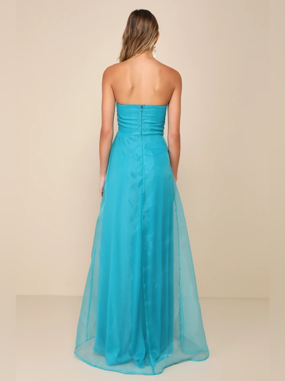 Lulus Exquisite Ease Teal Green Organza Strapless Ruffled Maxi Dress Size S NWT - Picture 2 of 13